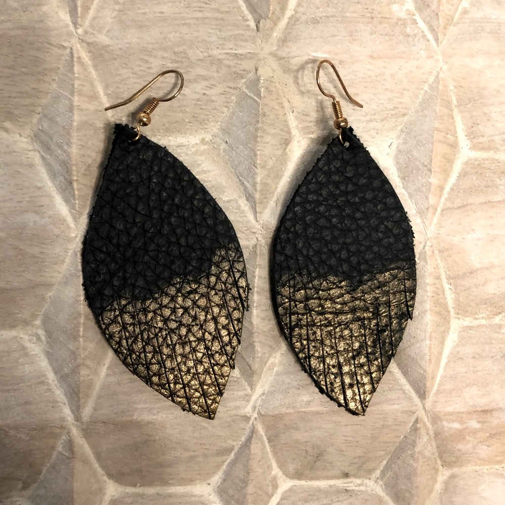 Handmade Black & Gold Leather French Hook Earrings